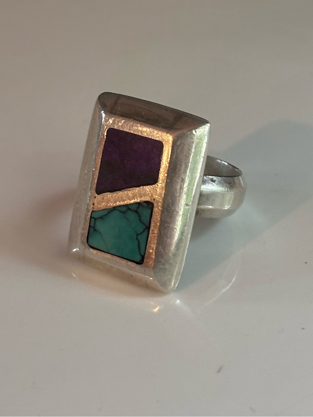 Zuni Sterling Silver Turquoise Purple Sugilite Inlay Rectangle Statement Ring 6 - Picture 6 of 12